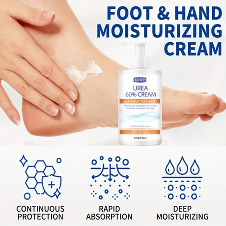 GSWP 60% Urea Moisturising Hand and Foot Cream, Containing Salicylic Acid, Protects and Nourishes Hands and Feet. 250g/500g