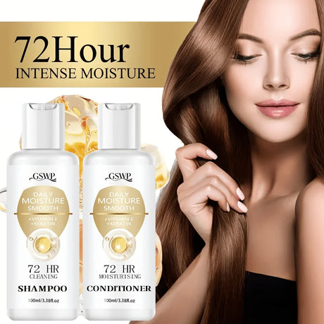 GSWP 72-Hour Moisturising Shampoo and Conditioner Set, enriched with keratin for deep hydration, Ideal as a gift. 100ml + 100ml