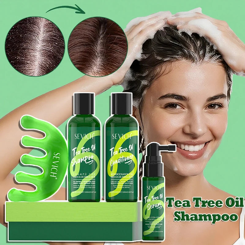 Tea Tree Essence Shampoo Hair Conditioner Set Deep Cleaning Moisturizing Scalp Strengthening Nourish Shiny Anti Hair Loss Care