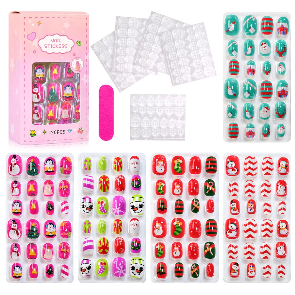 120Pcs Children's Press on Nails Kids Cartoon Acrylic Fake Nails Tips Kawaii Girl Full Cover Short False Nails With Jelly Glue#@