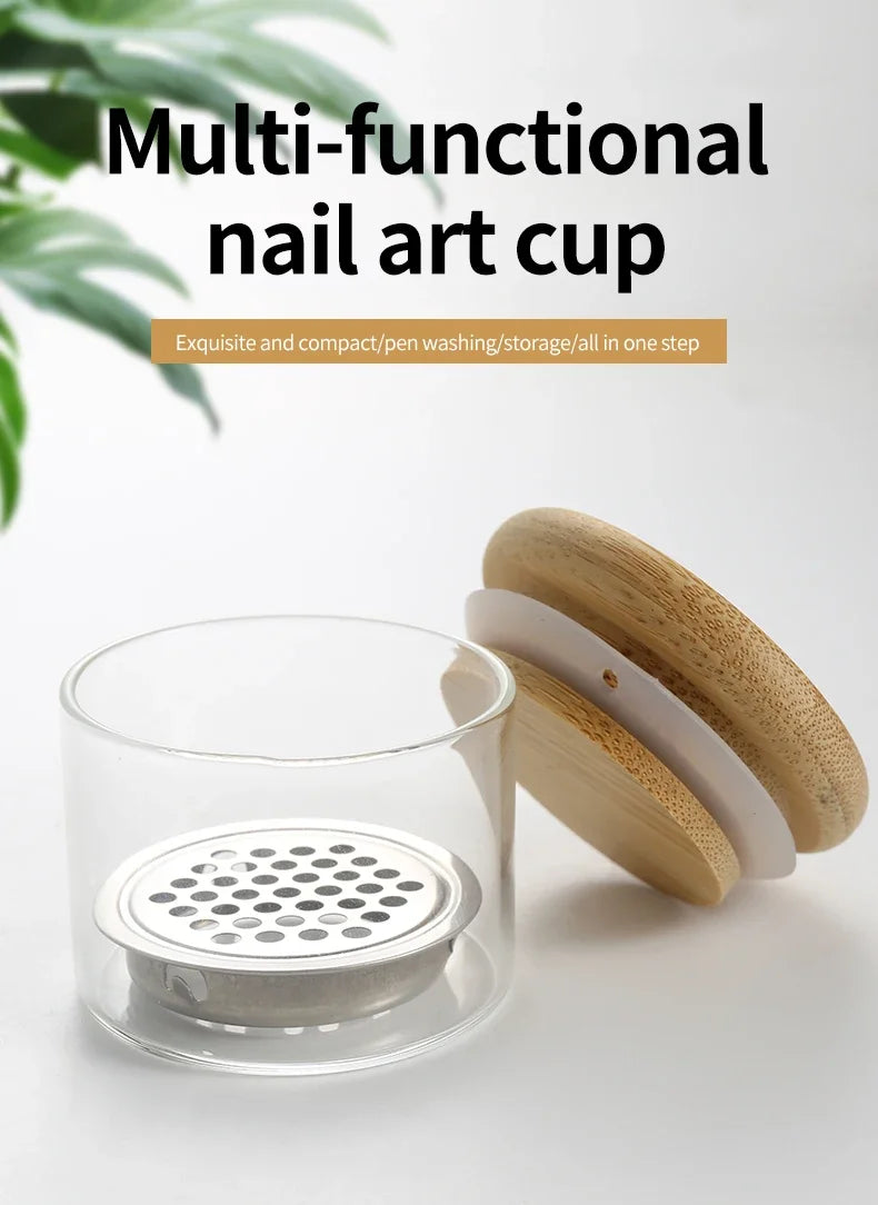 Nail Brush Cleaner Cup Wash Pen Brush Cup with Stainless Steel Mesh Base Nail Drill Bits Cleaning Container Crystal Glass Cup