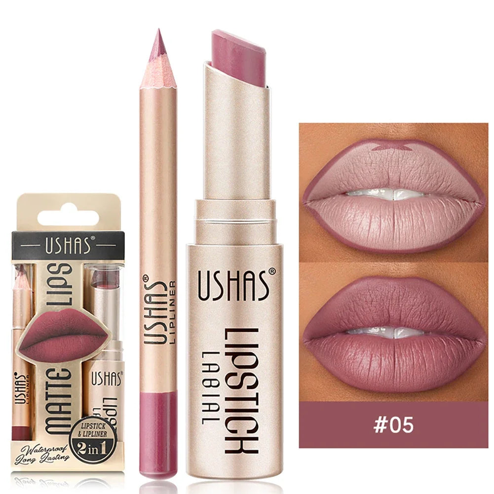 2-in-1 Lip Makeup Set, Matte Lipstick & Lip Liner Pencil, Nude Brown, Waterproof Long Lasting Tinted Lip Balm Contour Kit