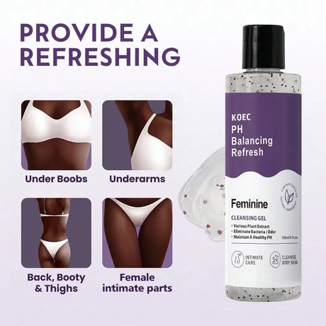 KOEC PH Balancing Feminine Cleansing Gel 180ml, Plant Extract Intimate Wash Eliminate Odor & Bacteria, Aloe Vera Moisturize for Underarms Bikini Thighs Full Body Daily Care