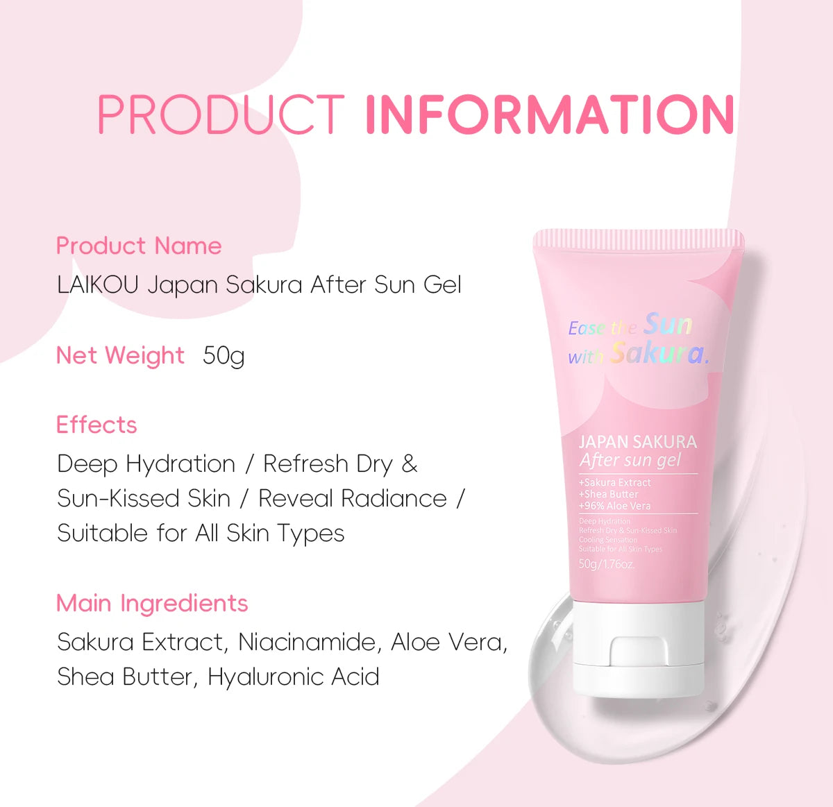 LAIKOU Japan Sakura After Sun Gel 50g 96% Aloe Vera Soothing Sunburn Care Deep Moisturizing