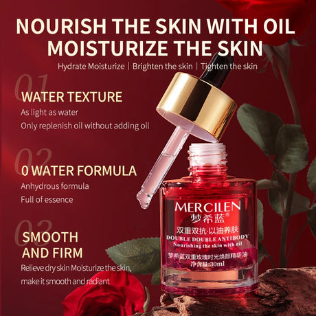 Mercilen Double Rose Time Revitalizing Essence Oil 30ml, Moisturizes, Nourishes, and Firms the Skin, Daily Facial Skin Care Essence, Makes Skin Look Younger, Contains Rose Essential Oil and Plant-Based Squalane, Suitable for