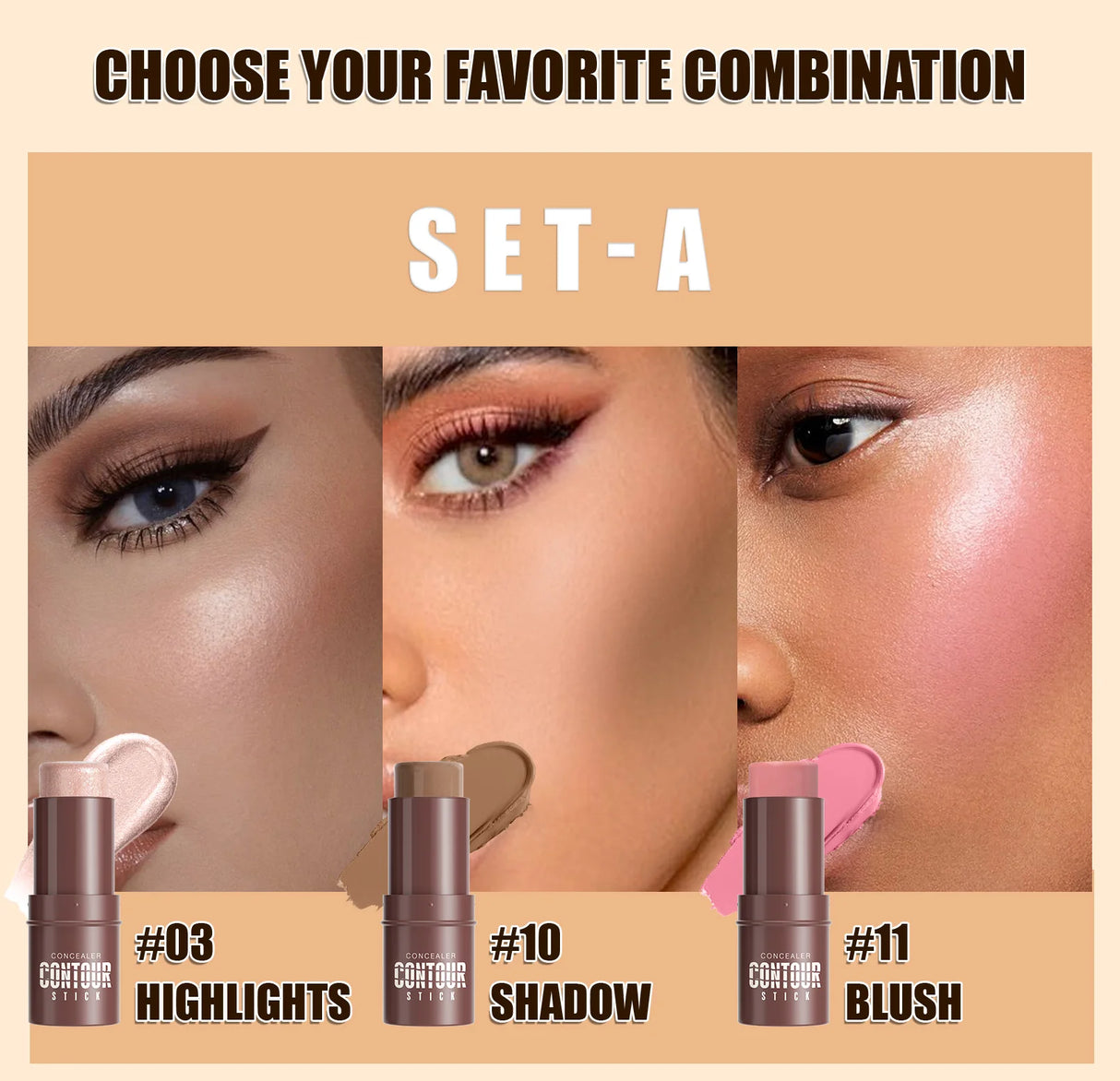 4-Piece Contour Stick Set with Highlighter, Blush & Bronzer Plus Golden Powder Brush - Waterproof Cream for All Tones, Shimmery.