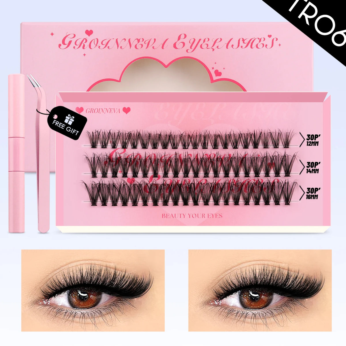 GROINNEYA DIY Lash Clusters Kit Mixed Tray Eyelash Extension Full Set Individual Lashes with Lash Bond&Seal and Tweezers Tool