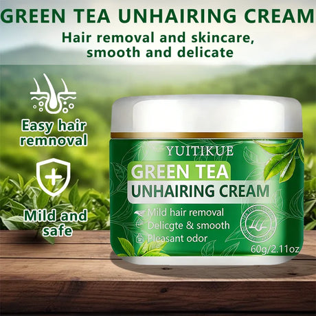 YUITIKUE Green Tea Unhairing Cream | Mild Hair Removal Formula | Delicate Smooth Skin & Pleasant Odor For All Skin Types 60g