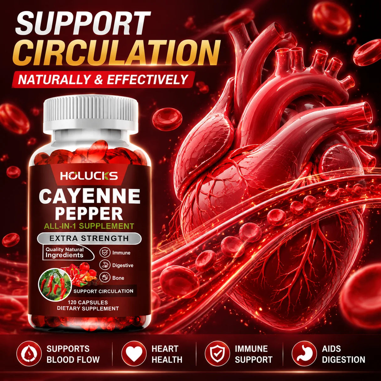 Cayenne Pepper Capsules, with Vitamin D3 K2, Blood Circulation, Promote Digestion, Boost Metabolism, Support Joint, Bone Health