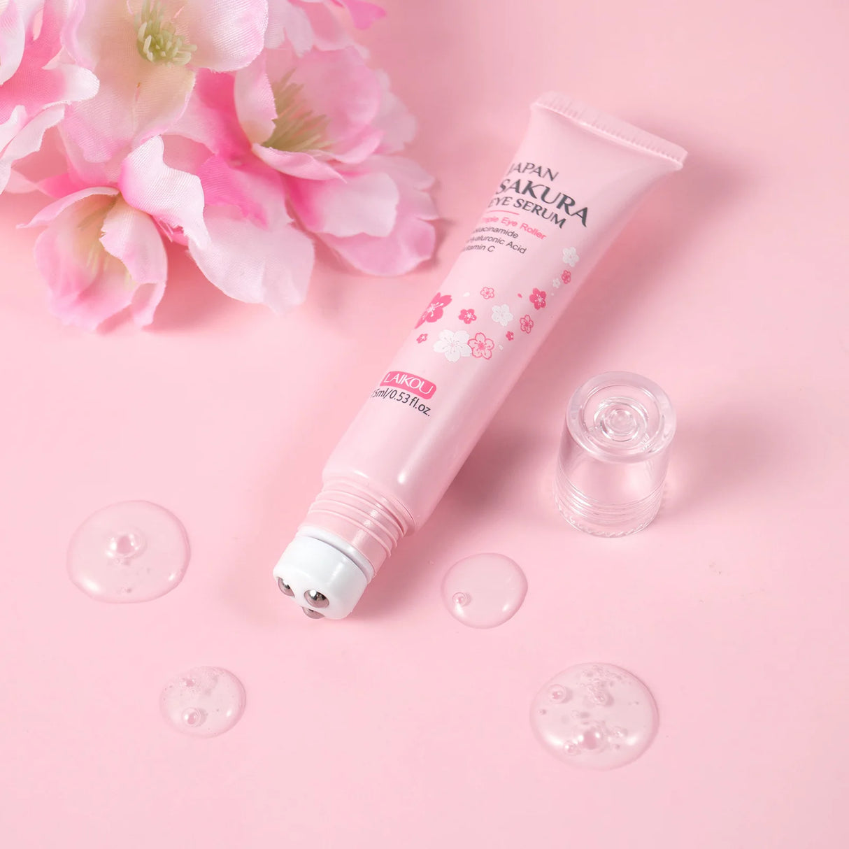 LAIKOU Sakura Roller Eye Serum 15ml Moisturizing Eye Care Reduce Dark Circles Puffiness Fine Lines Anti Aging Brightening Eye