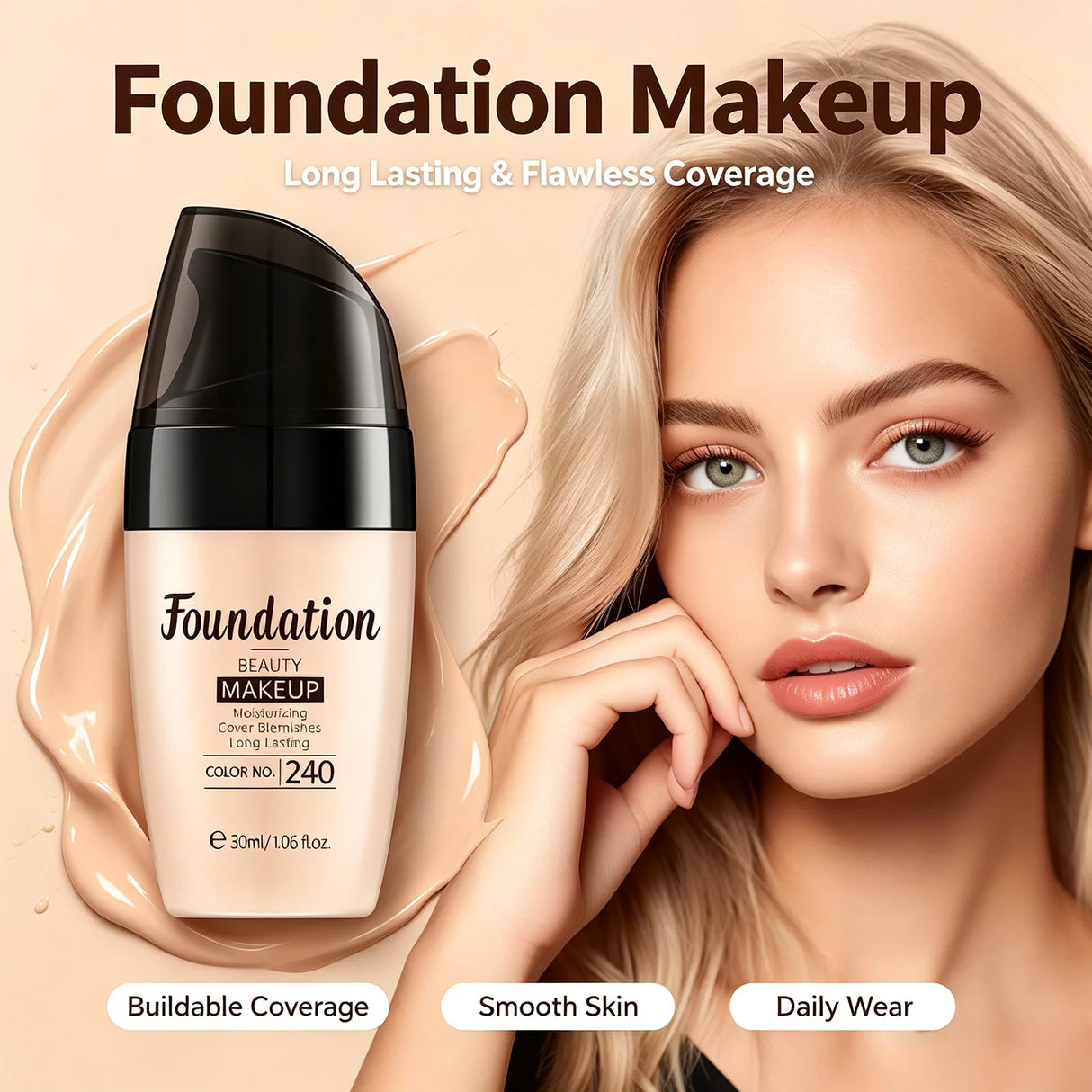 LAIKOU Liquid Foundation 3 Shades Waterproof Hydrating Full Coverage Long Lasting Natural Matte Face Makeup Base 30ml