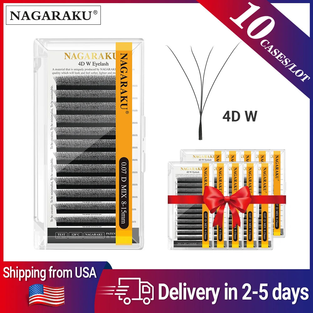 NAGARAKU Ship from USA 10 Cases W Shape 3D 4D 5D Eyelashes Free Tax Fast Shipping Delivery in 2-5 days Mix8-15mm Size