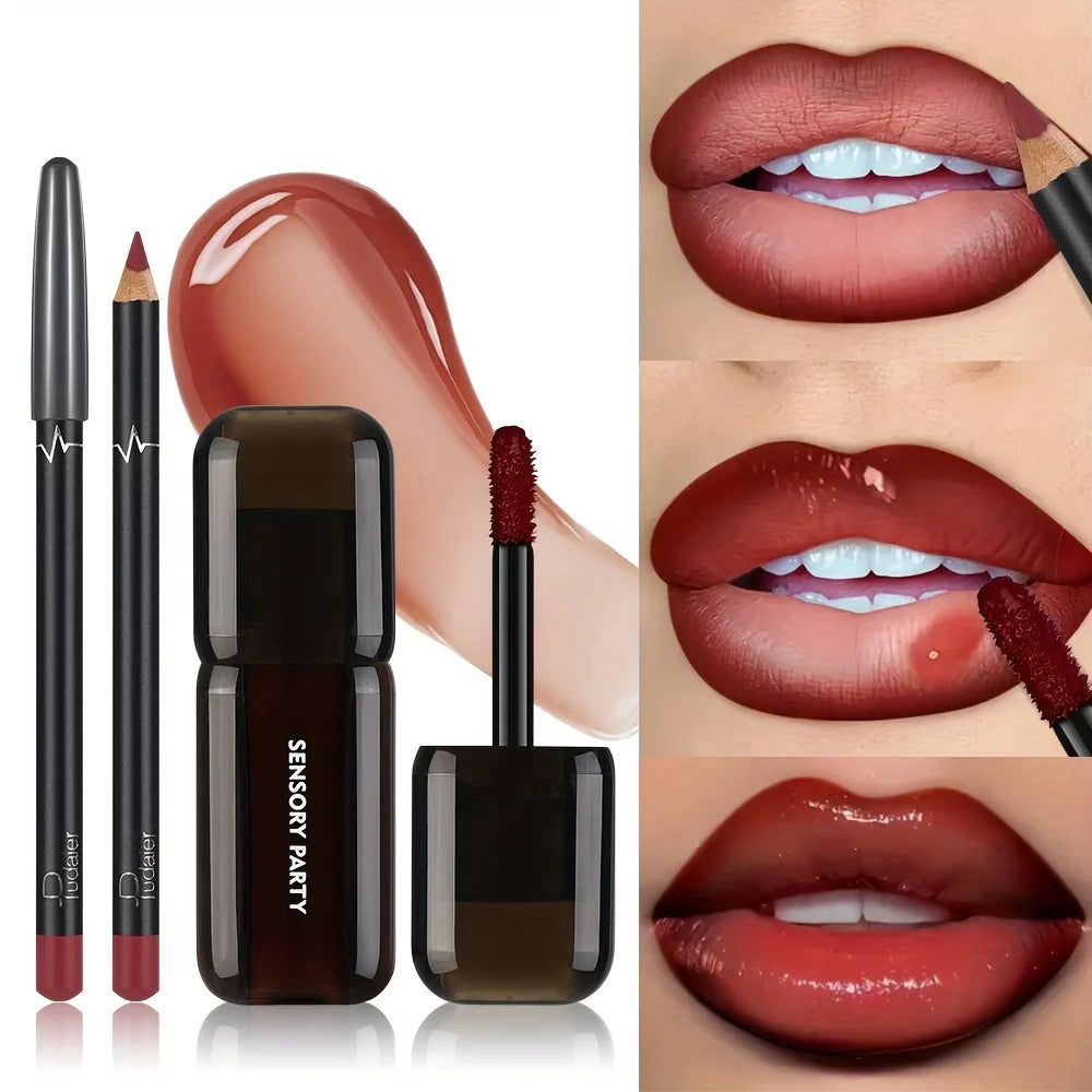 Gradient Lips Set, Lip Liner + Glass Lip Gloss, Mirror Shine Finish, Smooth Blend, Nude Shades, Long-Lasting