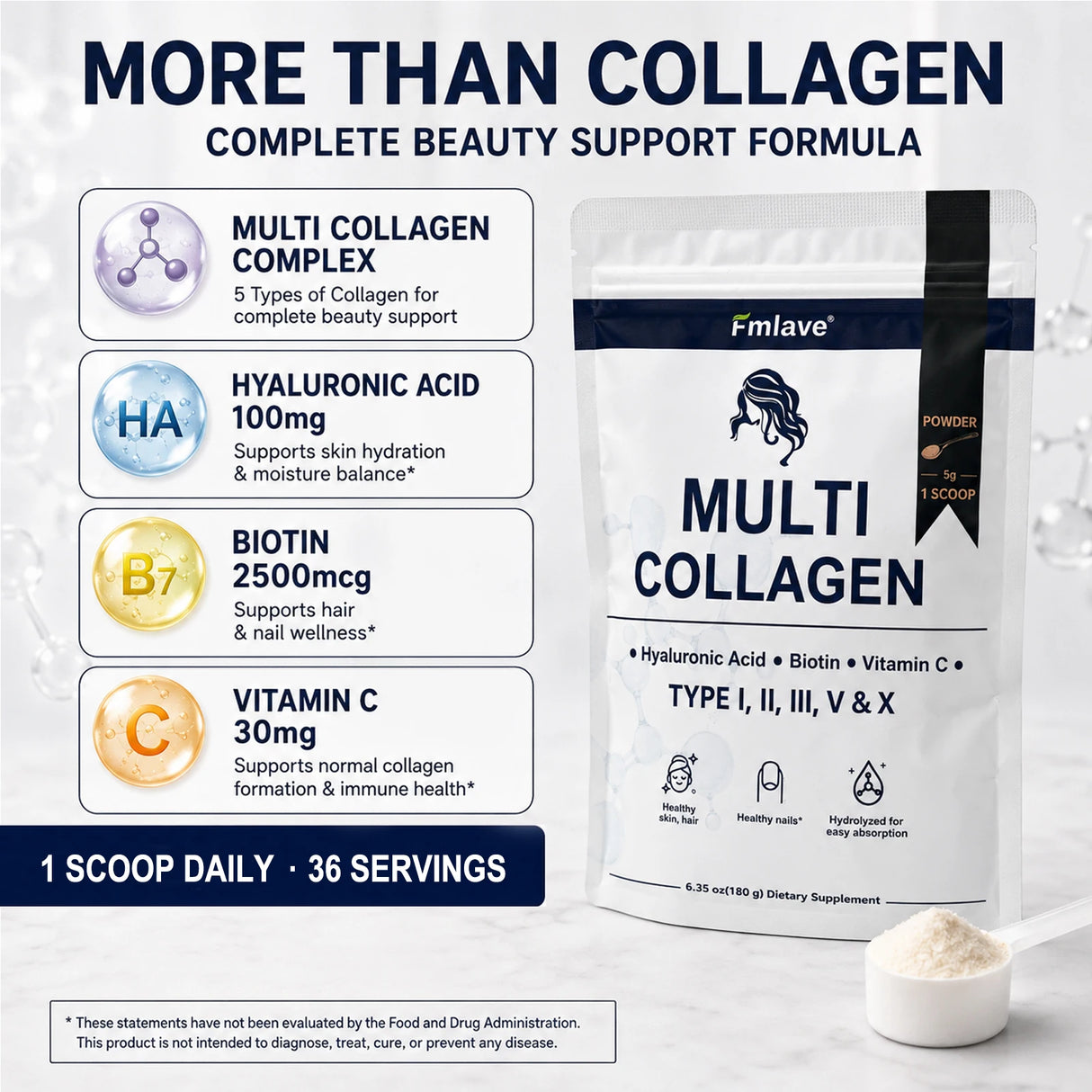 Fmlave Ingredients Multi Collagen Peptides Powder, – Hydrolyzed Type I,II,III,V,X with Biotin, Hyaluronic Acid, Vitamin C – Unflavored Collagen for Women & Men, Easy Dissolve