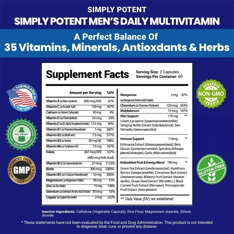 Daily Multivitamin for Men, for Prostate Energy Concentration Metabolism Immunity Vitamins: A C D E (B1 B2 B3 B5 B6 B7 B9 B12)