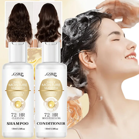 GSWP 72-Hour Moisturising Shampoo and Conditioner Set, enriched with keratin for deep hydration, Ideal as a gift. 100ml + 100ml