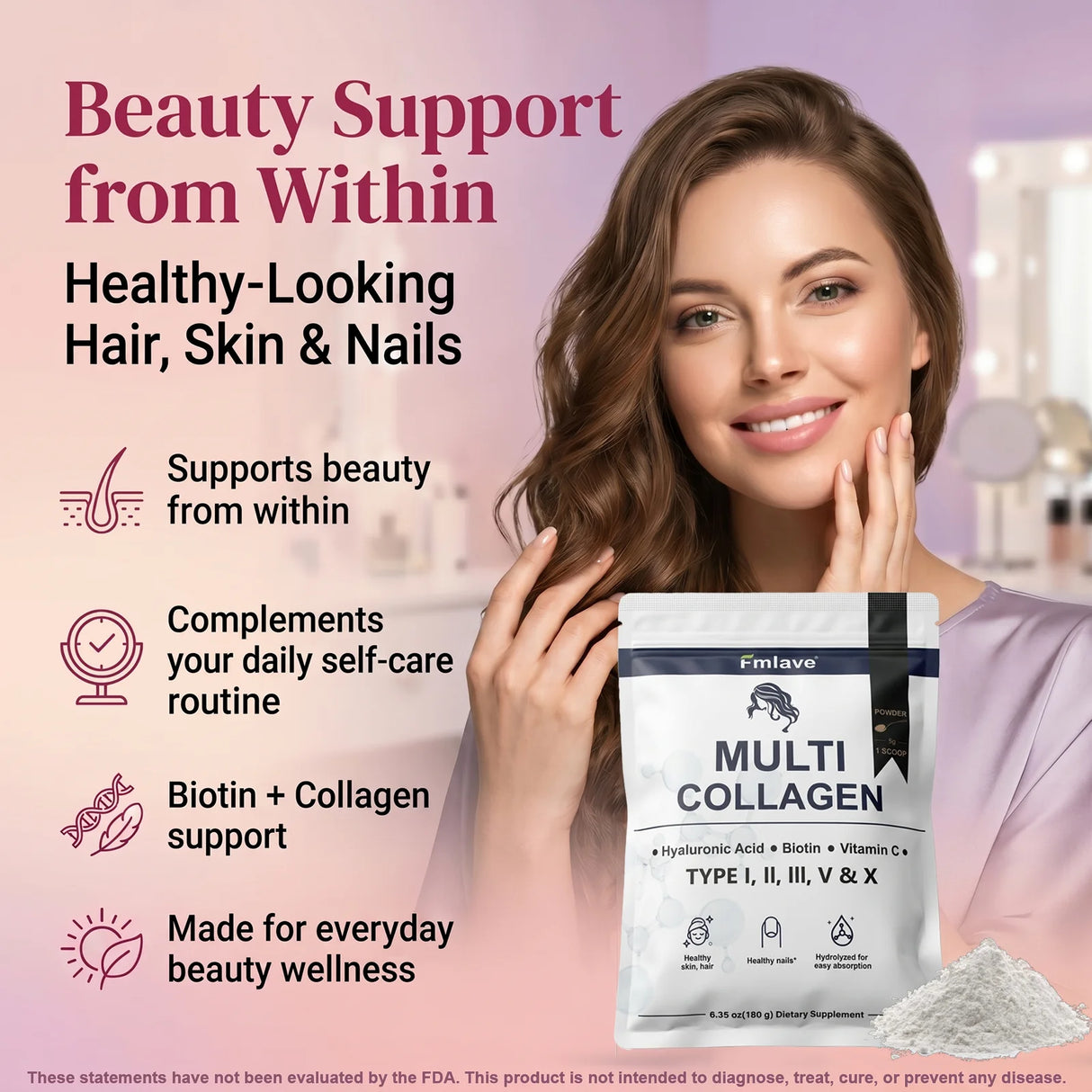Fmlave Ingredients Multi Collagen Peptides Powder, – Hydrolyzed Type I,II,III,V,X with Biotin, Hyaluronic Acid, Vitamin C – Unflavored Collagen for Women & Men, Easy Dissolve