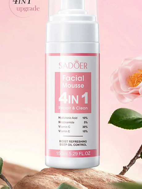 SADOER 4 in 1 Facial Mousse Face Wash Foam Facial Cleanser Moisturizing Brightening Hydrating Face Cleansing Skin Care Products