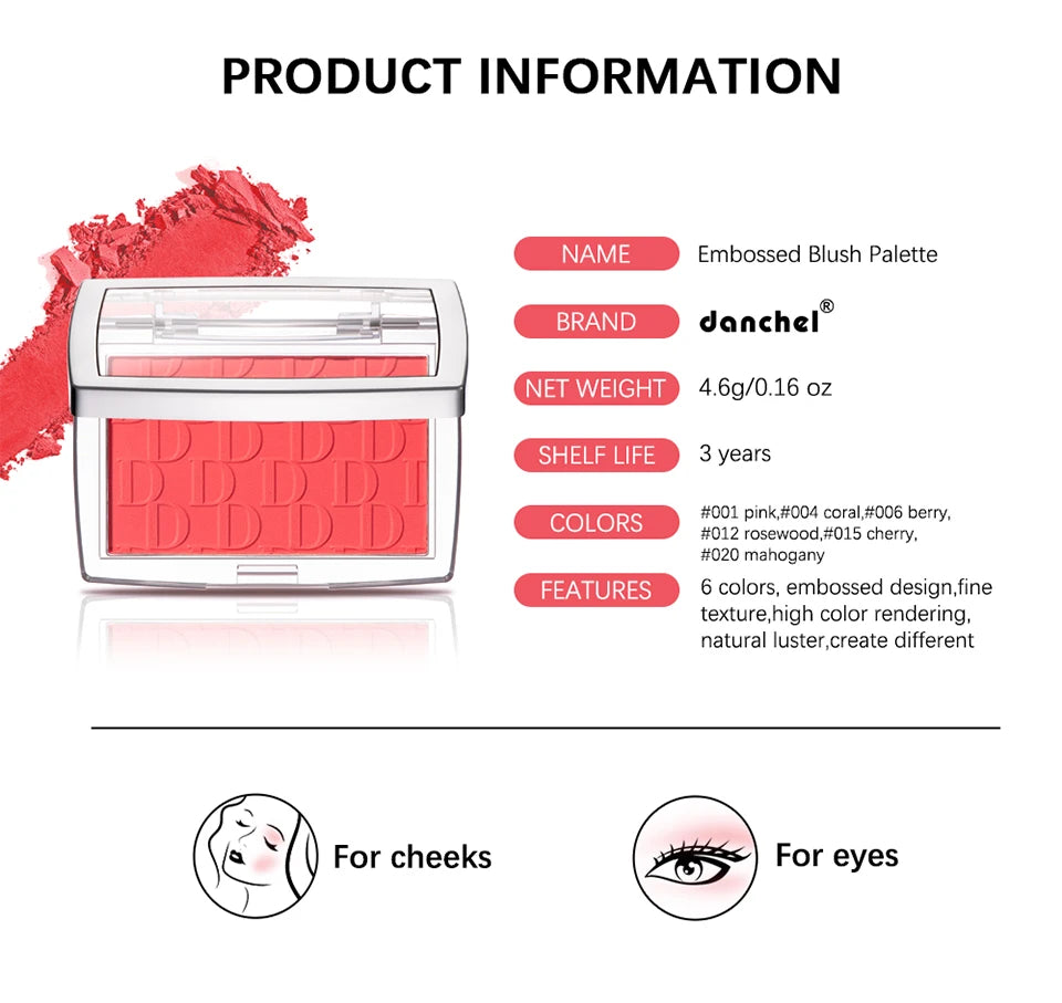 Matte Embossed Blush Palette High Pigmented Pink Coral Cheek Blush Powder With Professional Makeup Brush