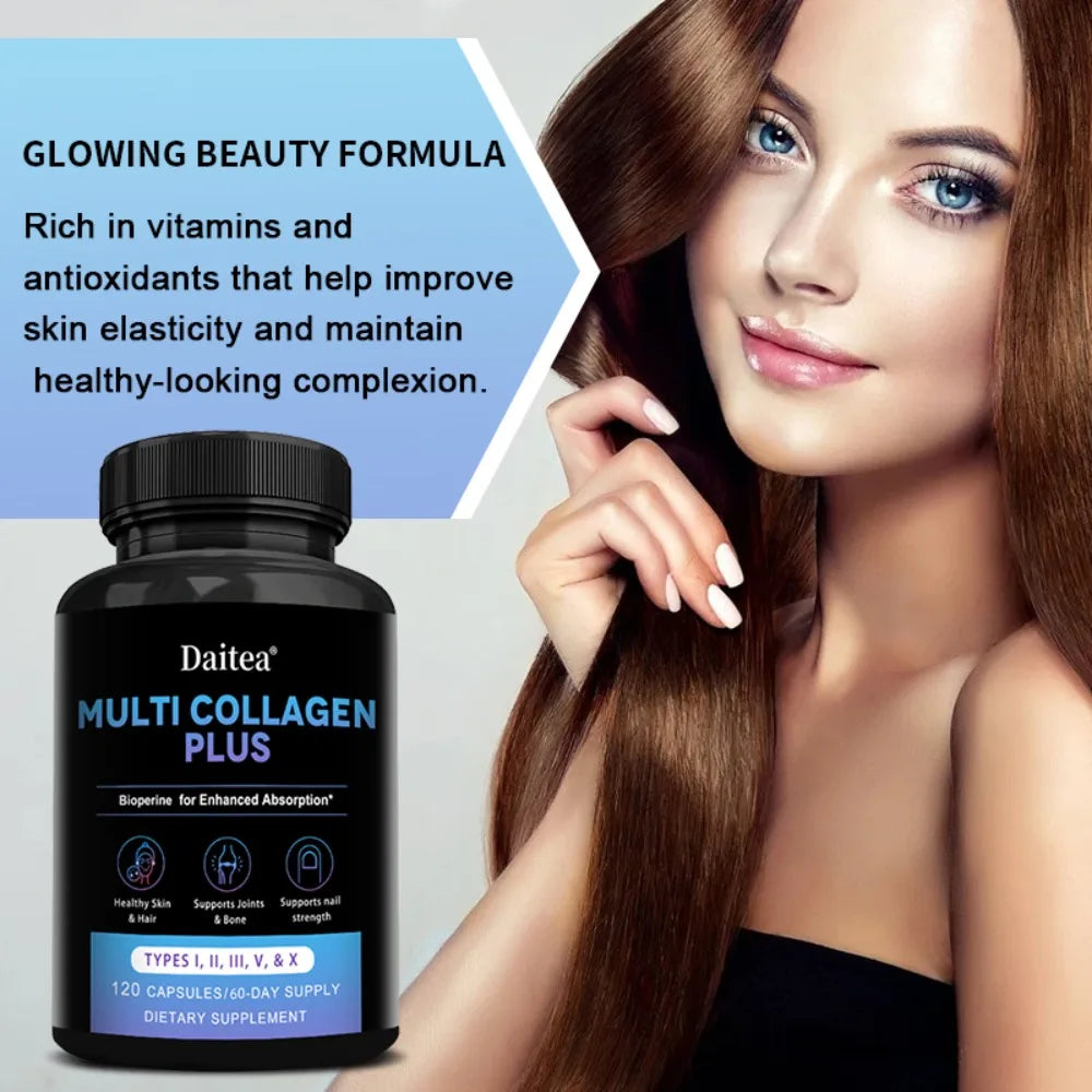 Multi Collagen Capsules (Types I, II, III, V & X) Support Skin Hair Nail Joint Health, Antioxidant, Anti-Aging