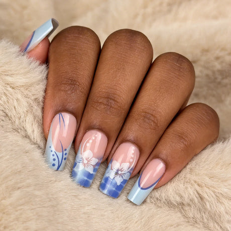 Mid-length Coffin Fake Nails 24Pcs White French Tip Ballerina Press On Nail Pink/White Flower Printed Spring/Summer DIY Manicure