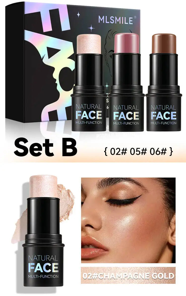 MLSMILE Highlight Contour 3-pack For 3D Makeup Brightening Skin Tone Face Blush Stick 3 Pcs Set 2025 New
