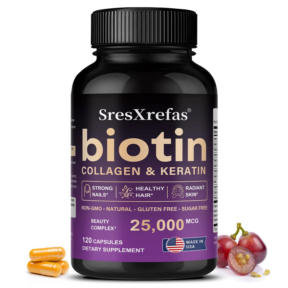 Biotin 25000mcg - Collagen Keratin Hyaluronic Acid Vitamins, Hair Skin Nails & Joint Support, Anti-aging Supplements Antioxidant