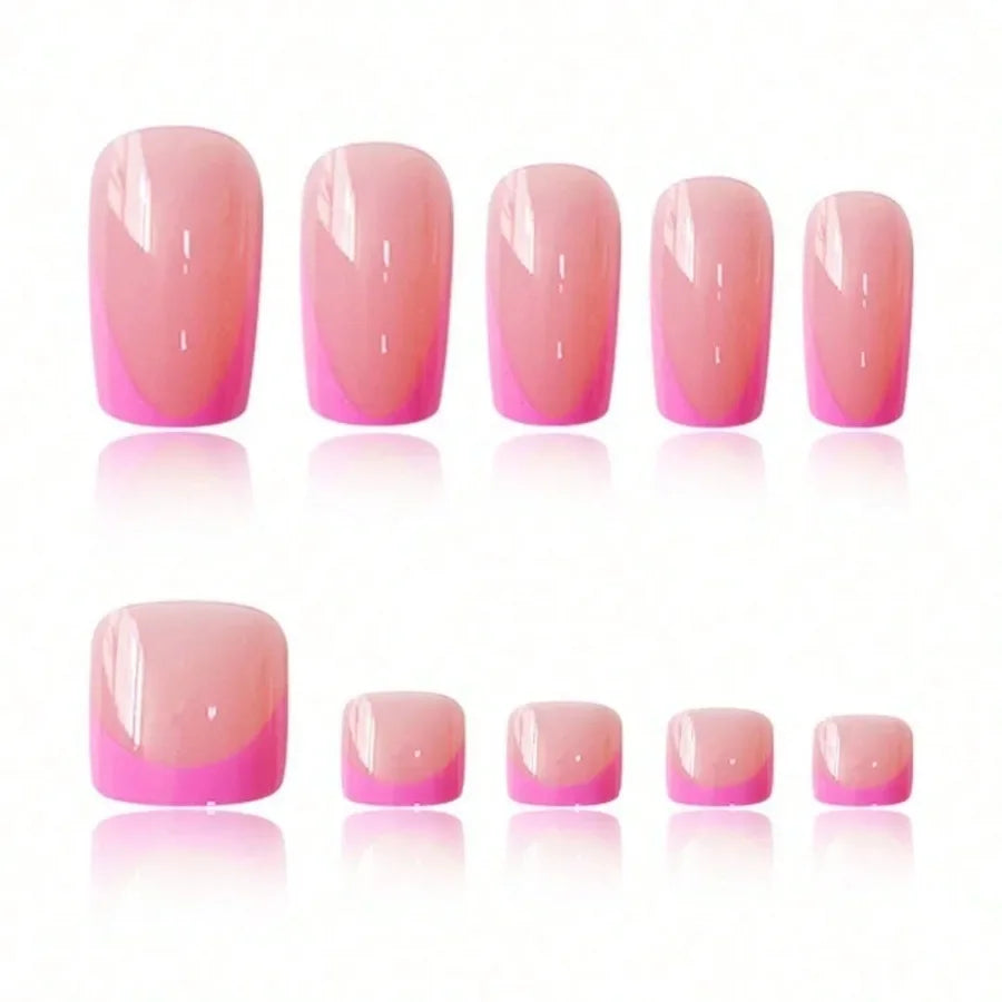 24Pcs French Pink Square Press On Nails Combo For Fingernail And Toenail Removable Reusable Women Daily Party DIY Manicure Supply