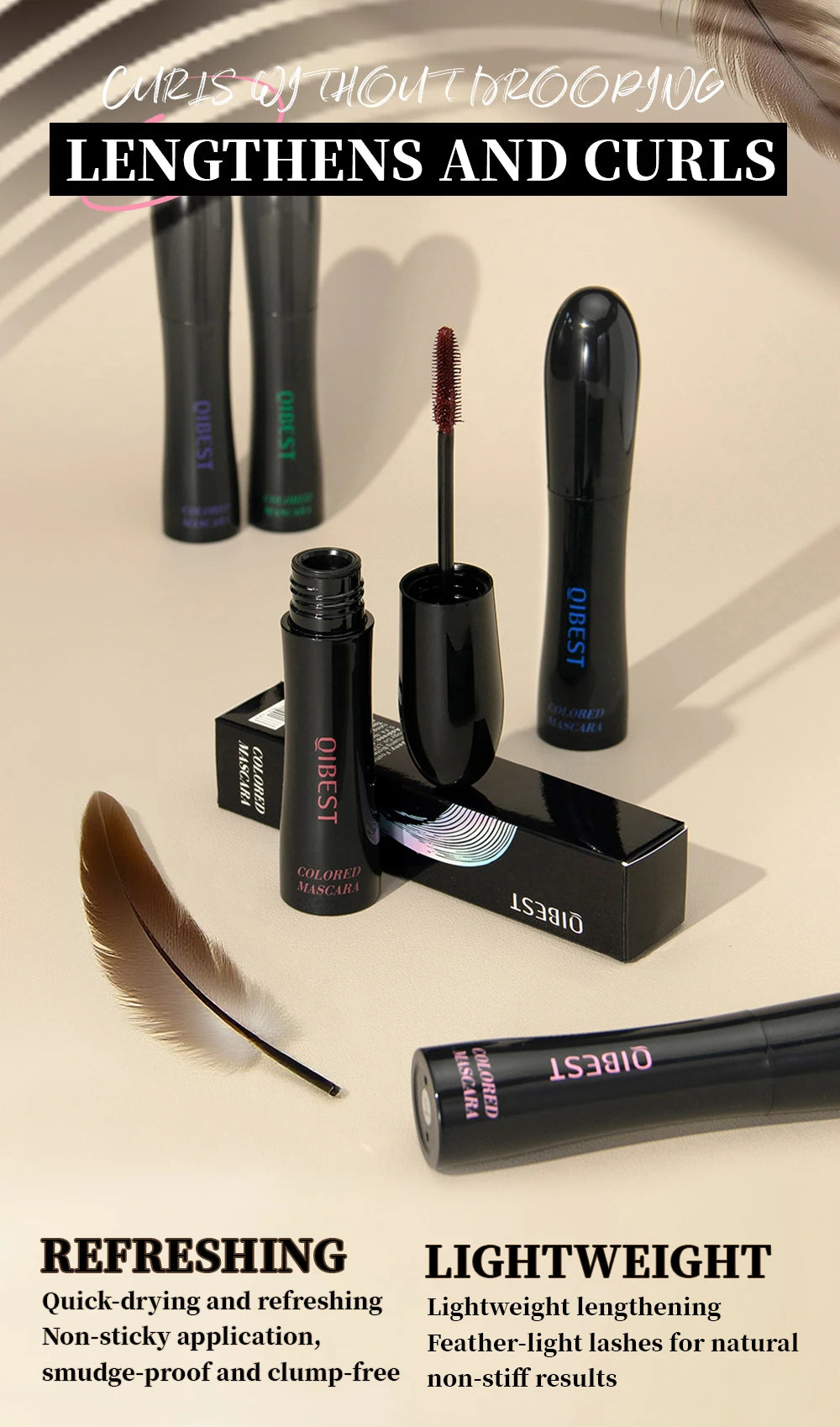 QIBEST 4D Silk Fiber Eyelash Mascara Waterproof Colorful Mascara For Eyelash Extension Thick Lift Lengthening Lasting Makeup
