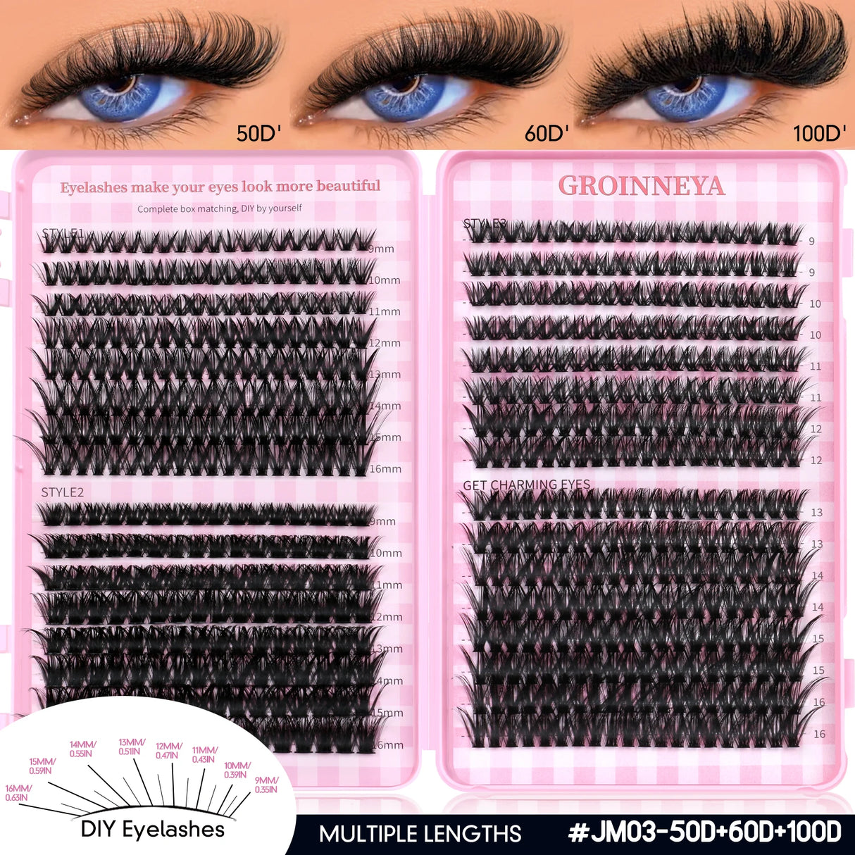 GROINNEYA Fluffy Lash Clusters DIY Natural Thick Cluster Lashes Fluffy Soft Mink Lashes Extension Individual Eyelashes Makeup