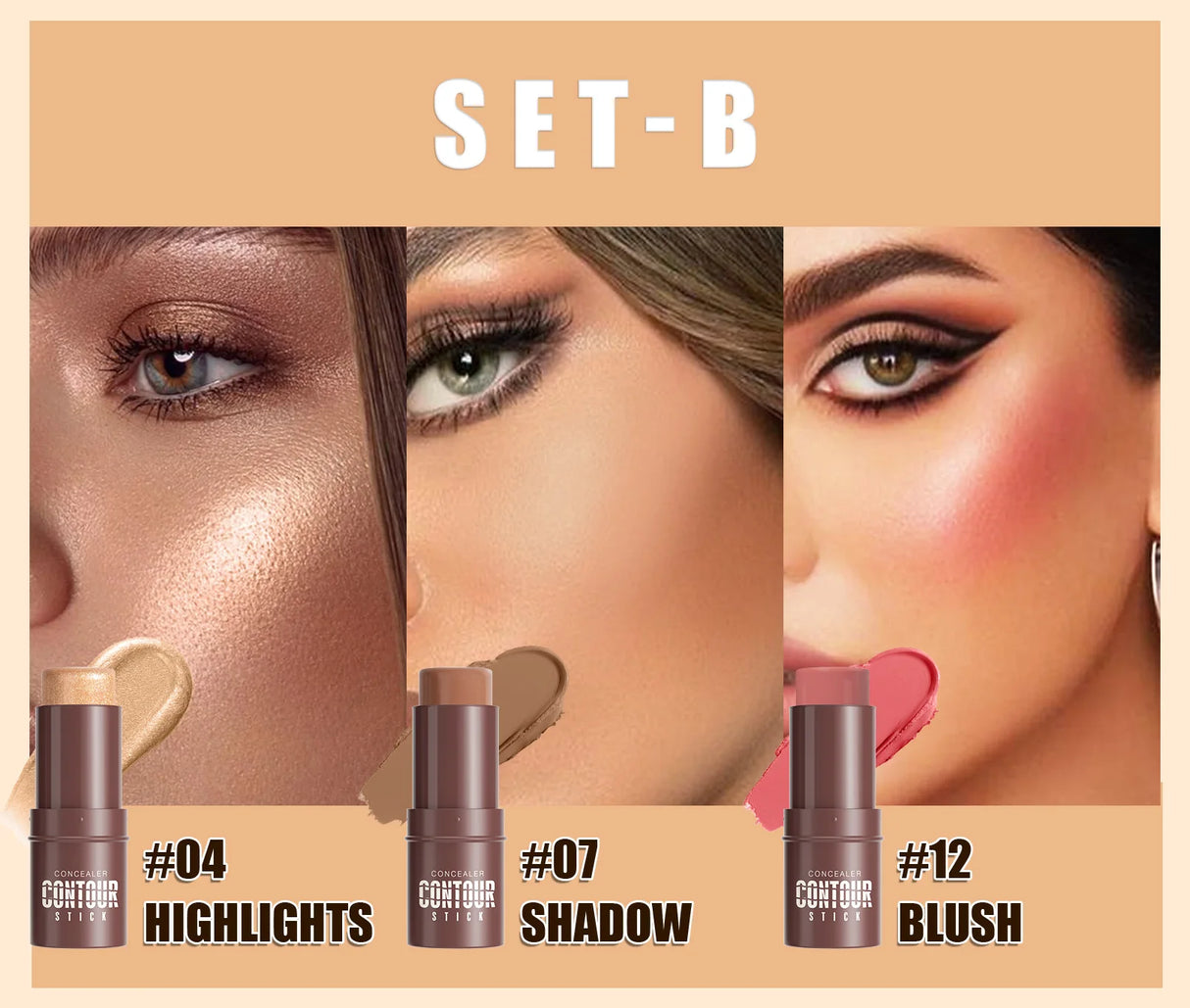 4-Piece Contour Stick Set with Highlighter, Blush & Bronzer Plus Golden Powder Brush - Waterproof Cream for All Tones, Shimmery.