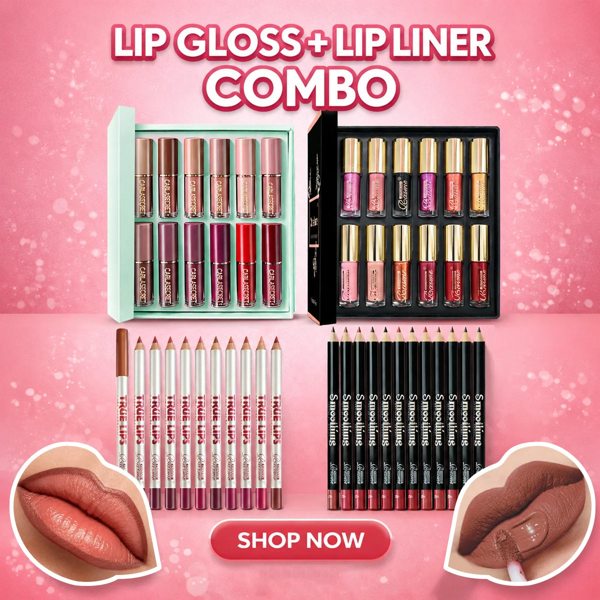 Lip Makeup Gift Set Women's 24-Color Glossy Lip Gloss & 24-Piece Lip Liner Cosmetic Set, Nude Pink Brown Red Makeup Gift Set Flawless Summeressentials