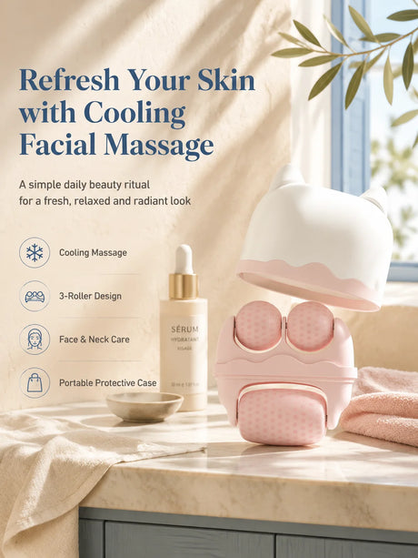 3 Roller Ice Face Roller Cooling Facial Massager with Cat Ear Storage Case Reduce Puffiness Jawline Neck Eye Skincare Massage To