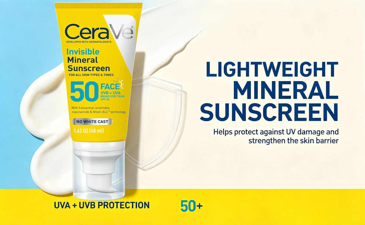 CeraVe Invisible Mineral Sunscreen SPF 50, Face for Sensitive Skin, Niacinamide, Ceramides, Vitamin E, Oil Free, 1.62 oz