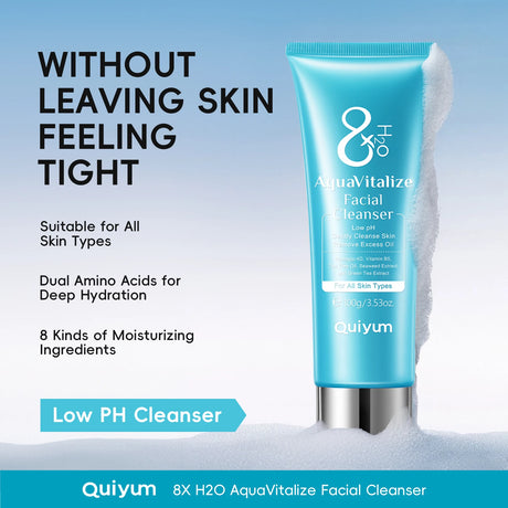 Quiyum 8X H2O AquaVitalize Facial Cleanser 100g Gentle Daily Cleansing Oil Control Refreshing Face Wash for All Skin Types
