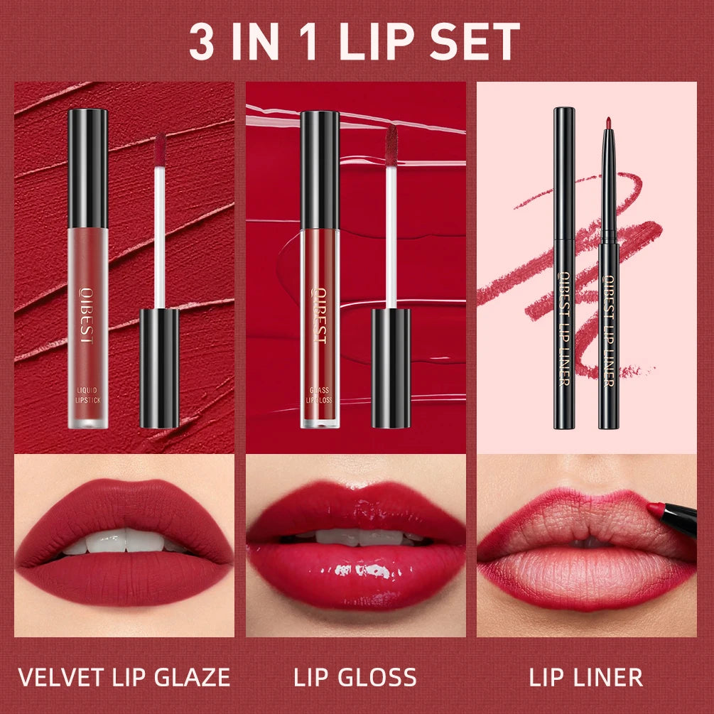 QIBEST 3pcs/set Liquid Lipstick+Lip Liner Lasting Black Brown Purple Red Matte Lip Gloss Nude Lip Stain Tint Makeup Lip Pencil
