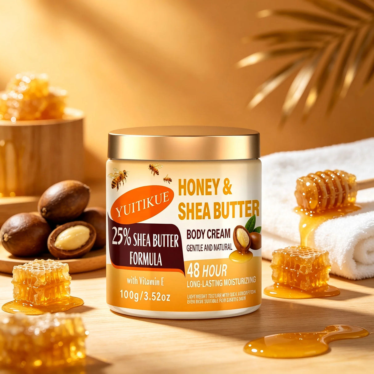 YUITIKUE Honey Shea Butter Body Cream 100g 48H Long Lasting Hydrating Lotion with Vitamin E for Dry Sensitive Skin
