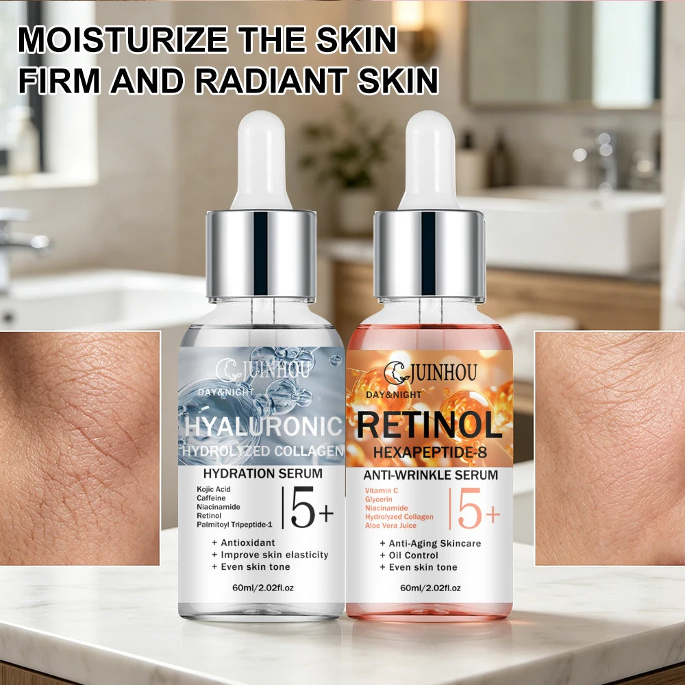 JUINHOU Dual Phase Face Serum Kit Hyaluronic Acid Day Care Retinol Night Care Hydrate Anti Wrinkle Texture Daily Face Skin Serum