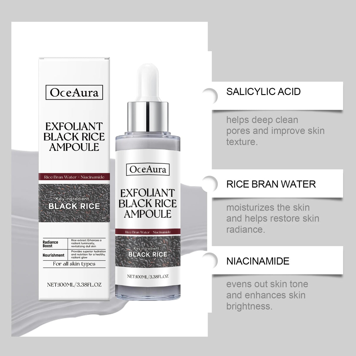 Black&White Rice Exfoliating Essence Dead Skin Remover Facial Glowing Replenisning Shrink Pore Hyaluronic Acid Brightening Serum