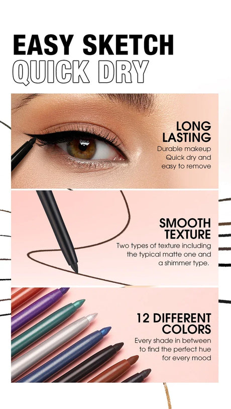12-Color Fashion Eyeliner Pencil Smokey Punk Style Eye Liner Pen Long-lasting Waterproof Perform Stage Makeup Eyeshadow Stick