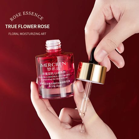 Mercilen Double Rose Time Revitalizing Essence Oil 30ml, Moisturizes, Nourishes, and Firms the Skin, Daily Facial Skin Care Essence, Makes Skin Look Younger, Contains Rose Essential Oil and Plant-Based Squalane, Suitable for