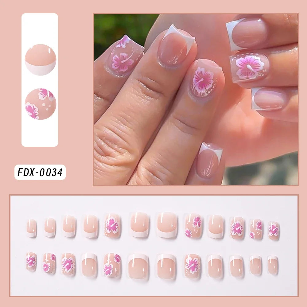24Pcs Short Square Pink Floral French Press On Nails Clear Base Hand Drawn Flower Reusable With Adhesive Glue For Women Daily Party DIY Spring Summer Manicure Supply