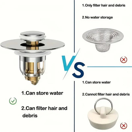 Universal Rebound Drain Plug Filter Basin Pop-up Chrome Sink Filter with Hair Catcher Bathroom Sink Drain Stopper Easy Push Type