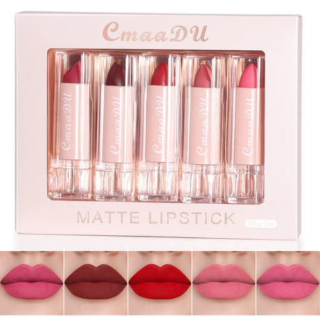 Velvet Matte Lipstick Set 5pcs Long Lasting Waterproof Red Nude Lipsticks Non Stick Cup Makeup Cosmetics Collection