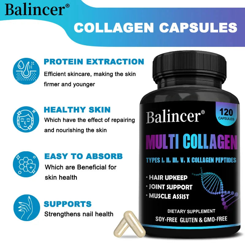 Multi-Collagen Peptides Capsules with Biotin & Keratin, Anti-Aging Whitening Skin, Hair, Nail, Bones, Joint Health Support
