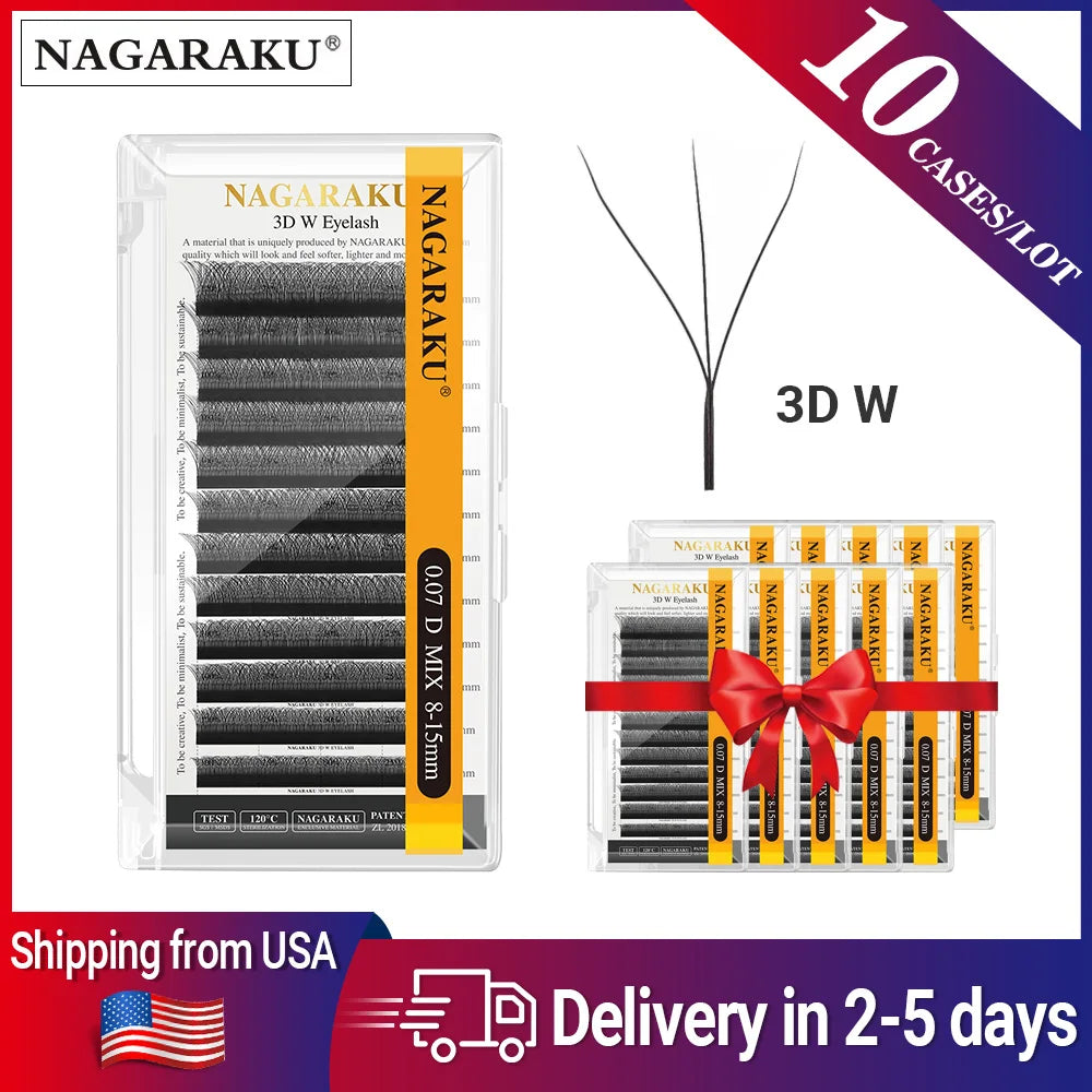 NAGARAKU Ship from USA 10 Cases W Shape 3D 4D 5D Eyelashes Free Tax Fast Shipping Delivery in 2-5 days Mix8-15mm Size