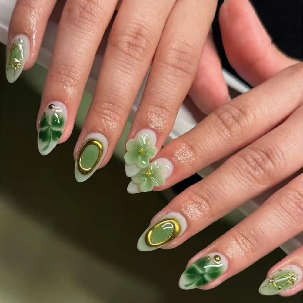 24PCS Juicy Red Cherry Hand Painted Press on Nails Vivid French Border Jelly Clear Almond Shape Fake Nails Summer Vibe