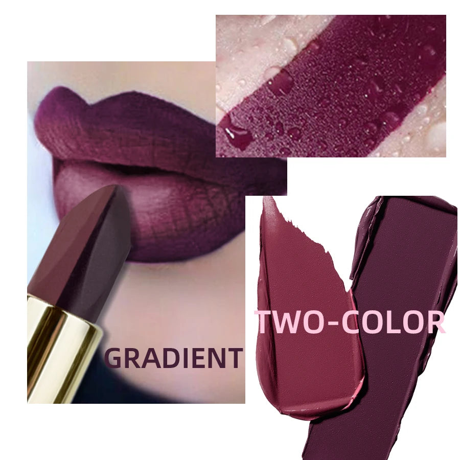 1PC Two-tone Waterproof Velvet Nude Lipstick Sexy Purple Brown Pigments Makeup Long-lasting Professional Cosmetics for Women Lip