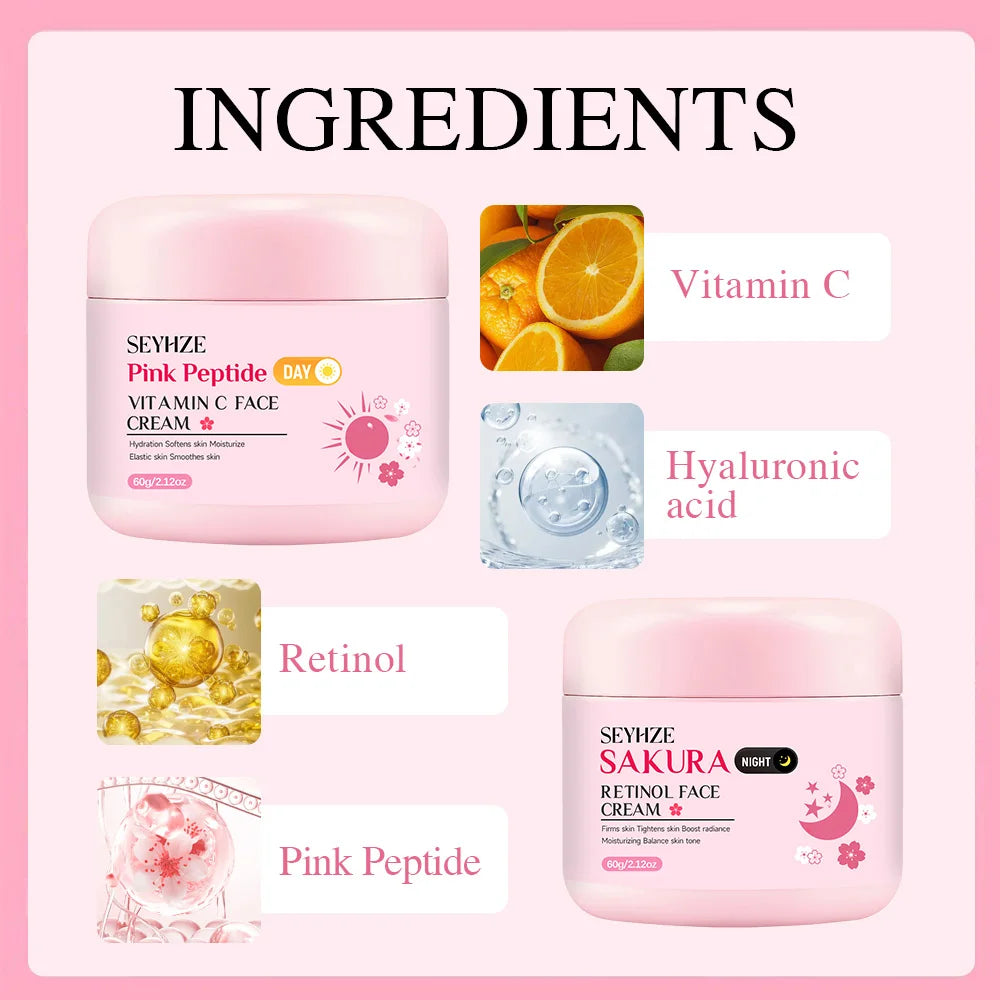 SEYHZE Sakura Day And Night Cream Rich in Retinol + Vitamin C/E Hyaluronic Acid Firming Skin 48H Hydration Brightening Uniform L