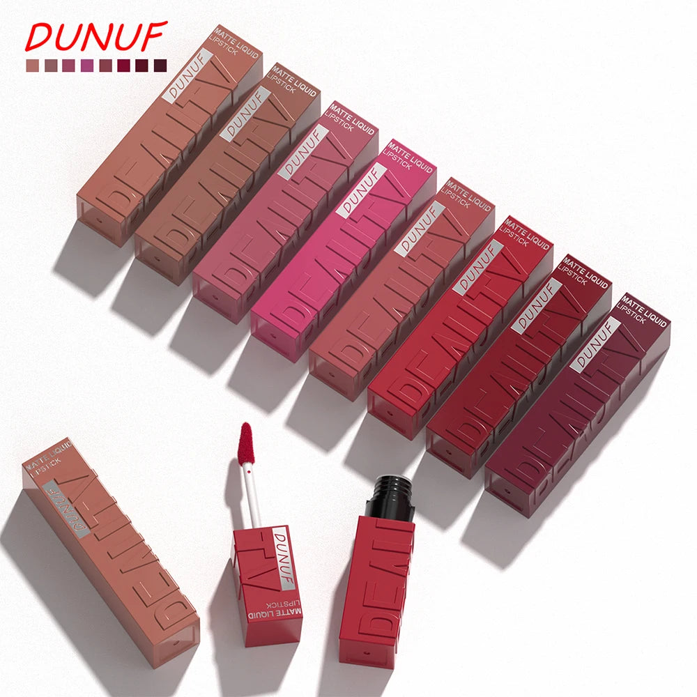 DUNUF Matte Velvet Lip Gloss, 3D Plumping & Waterproof, Square Tube Lipstick, Easy Application, 8 Shades (All-in-One)